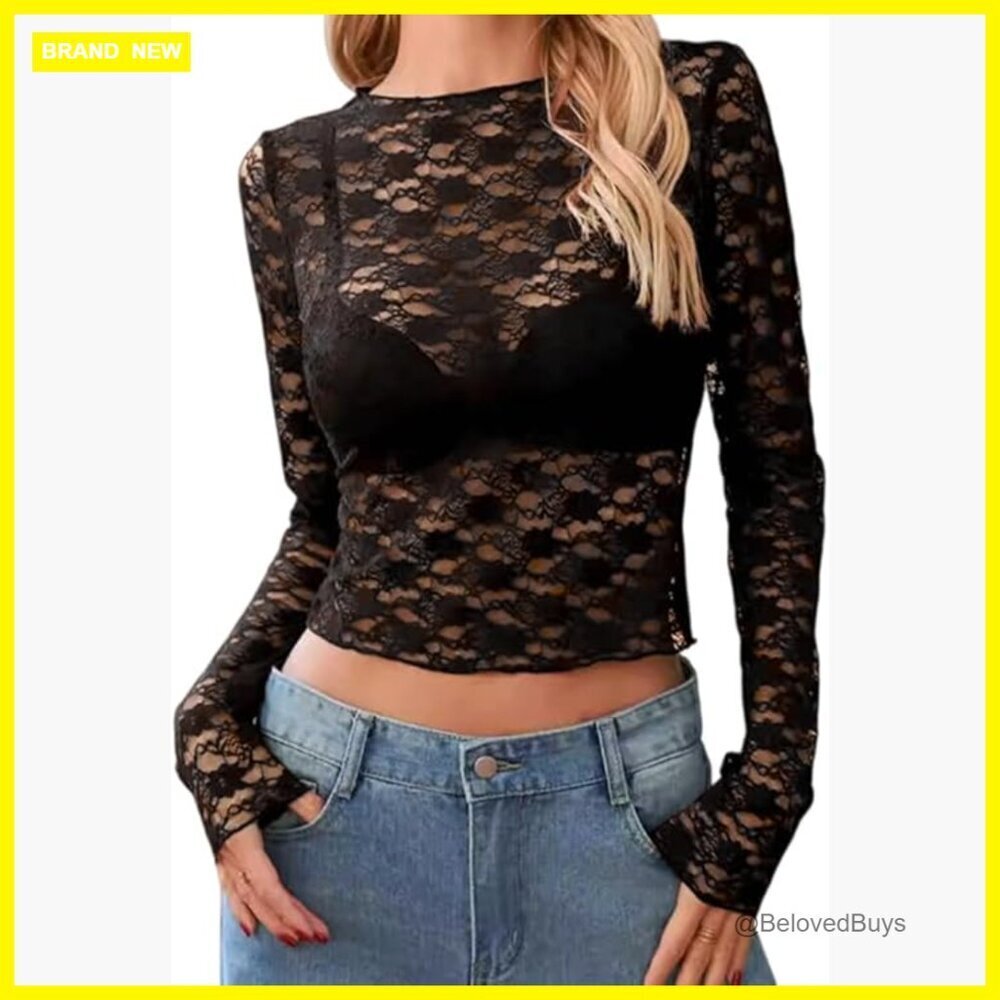 Long Sleeve Lace Crop Top with Floral Embroidery, Crew Neck, Slim Fit